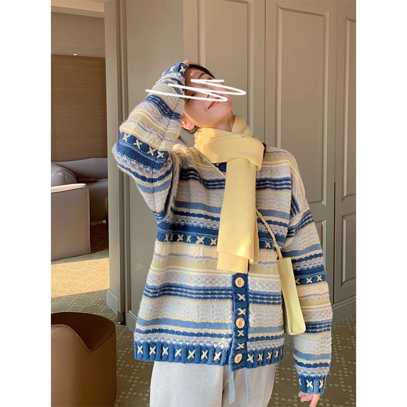 Women’s Sweater Button Round Neck Blue Stripe Cardigan Long Sleeves Vintage Casual Fashion Baggy Ladies Outerwear Tops Summer alx