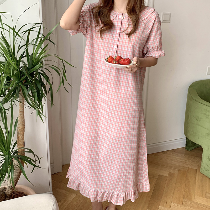 Summer Nightgown Korean Pink Plaid Print Sleepwear Long Loose Kawaii Soft Cotton Nightdress Short Sleeve Sweet Girls Buttons alx