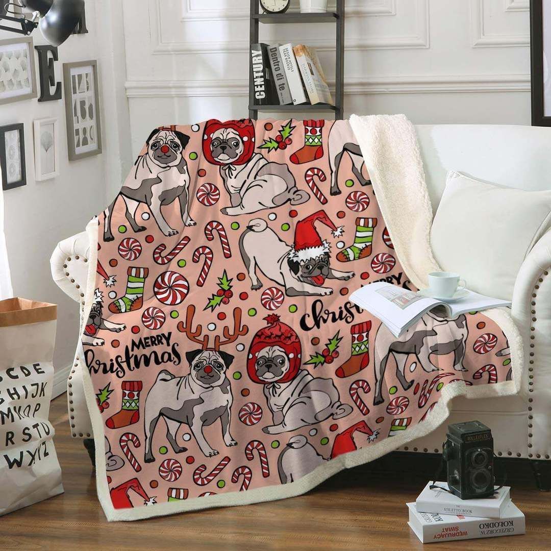 Cartoon Style Candy Cane Background With Pug Christmas Design   Fleece Sherpa Blanket