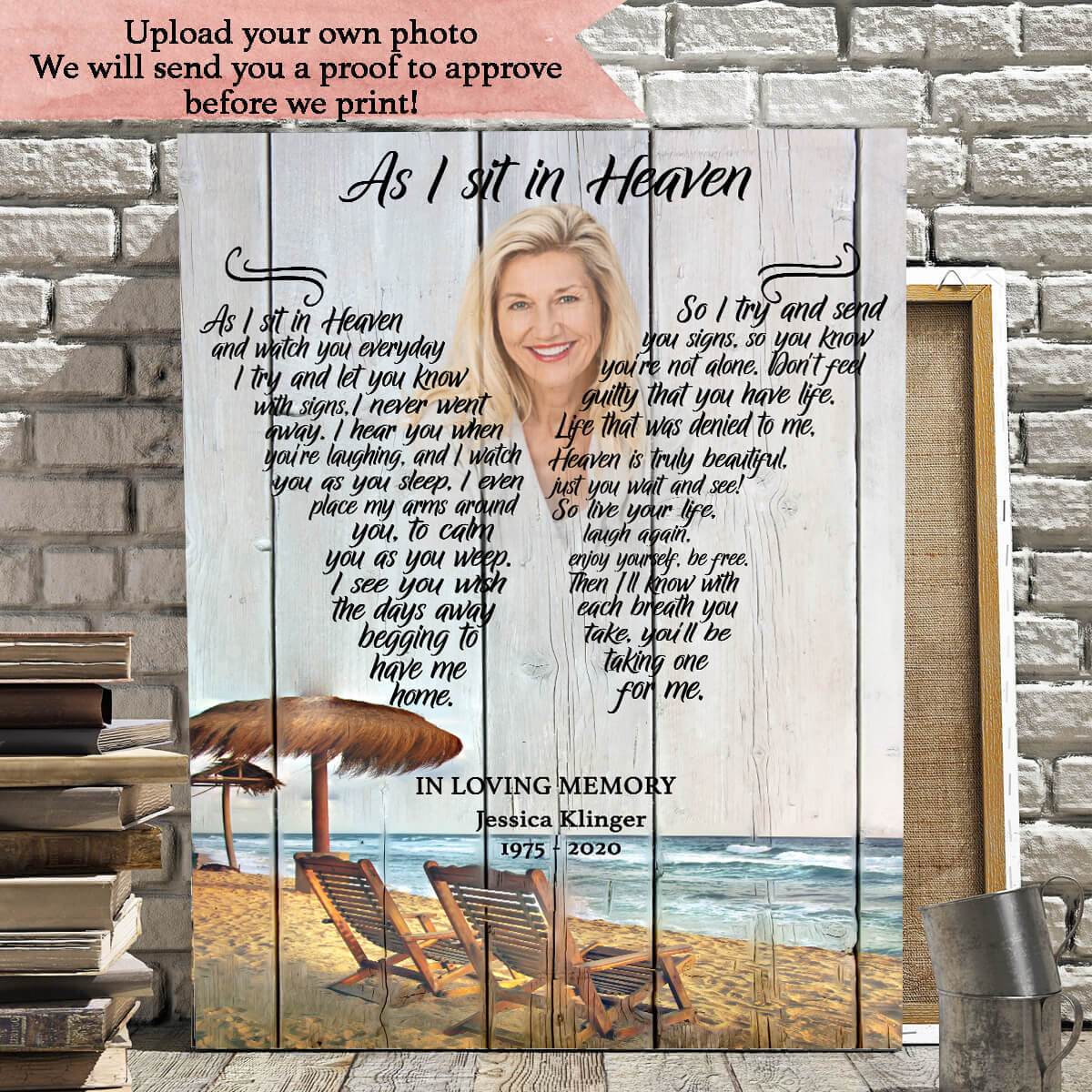 As I Sit In Heaven Sandy Beach Background,  Personalized Photo Memorial Poster Canvas, Gift For Family Gift for Remembrance Home Decor Wall Art Visual Art