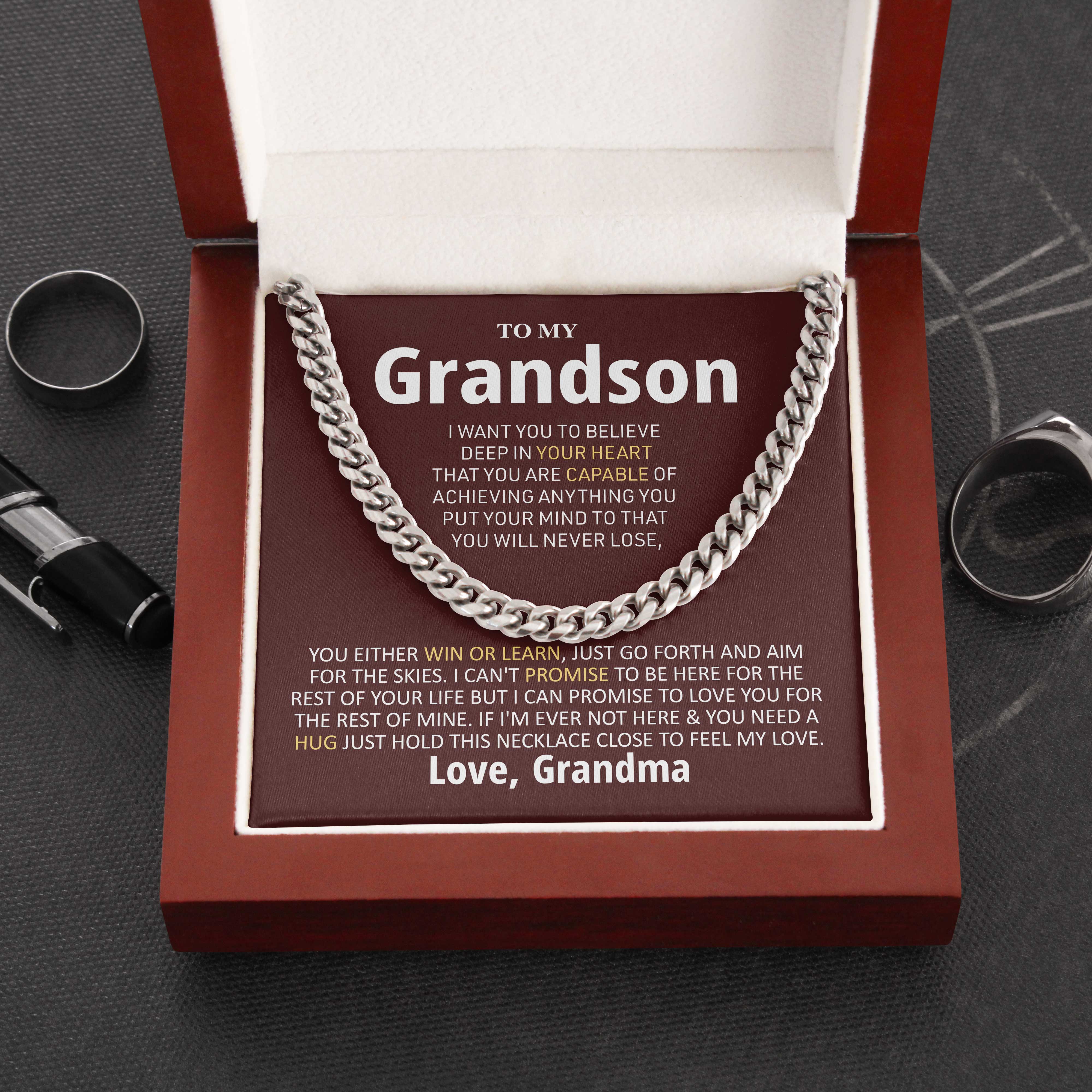 Grandson Necklace You Will Never Lose, You Either Win Or Learn Love, Grandma Cuban Link Chain Necklace