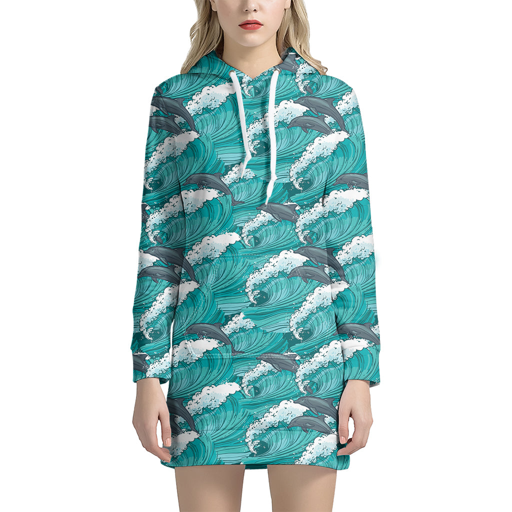 Dolphin Riding Waves Pattern Print Women’S Pullover Hoodie Dress