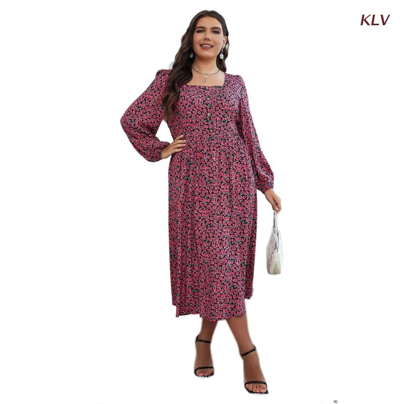 Women’s Floral Print Dress Plus Size Summer Dress Elegant Lantern Sleeve Dress Fashion Button Front Midi Dress for Party alx