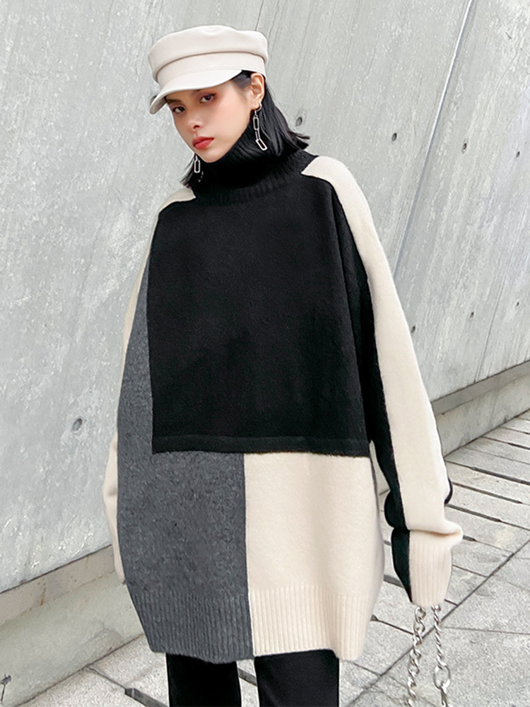 [EAM] Big Size Color-block Knitting Sweater Turtleneck Long Sleeve Women Pullovers New Fashion Tide Autumn Winter 2022 1DF0697 alx