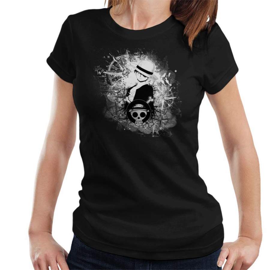 One Piece Luffy Black and White Silhouette Montage Women’s T-shirt
