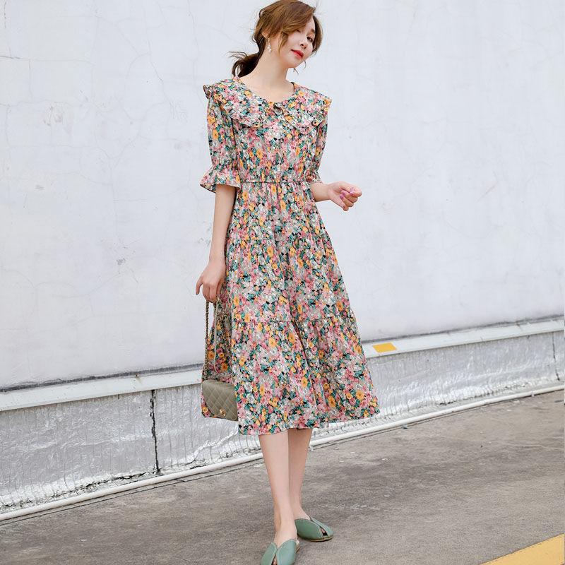Dress Women Vintage Japanese Style Peter Pan Collar Half Sleeve Rustic Floral Ruffles Summer Fashion Female Chic Casual Vestidos alx