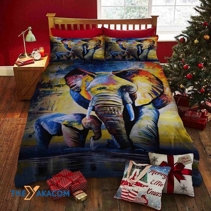 Mother Elephant And Son Merry Christmas Set Comforter Duvet Cover With Two Pillowcase Bedding Set