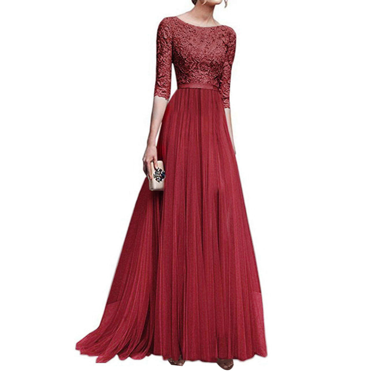 Women Elegant Long Dresses Luxury Mid-sleeve Stitching Lace Mesh With Lining Evening Dress Wedding Guest Dresses For Women alx