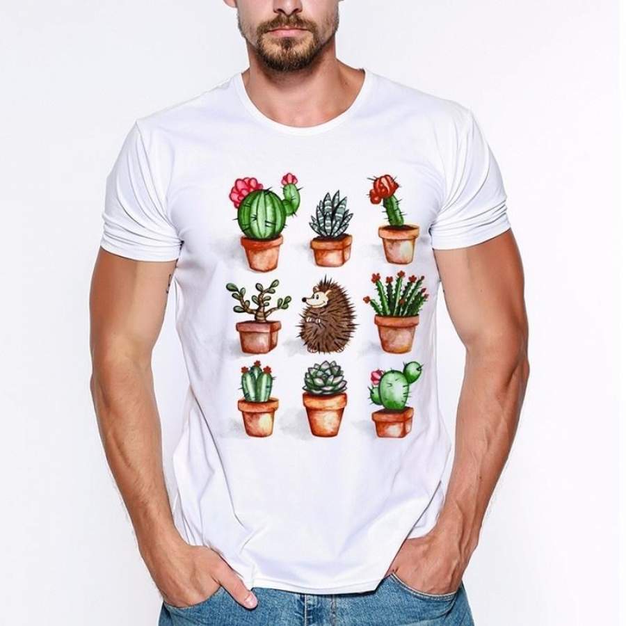 Men’S 2018 Plants Design Cute Hedgehog And Cactus T Shirt Funny Animals Custom T-Shirt Summer High Quality Cool Male Tops Tee