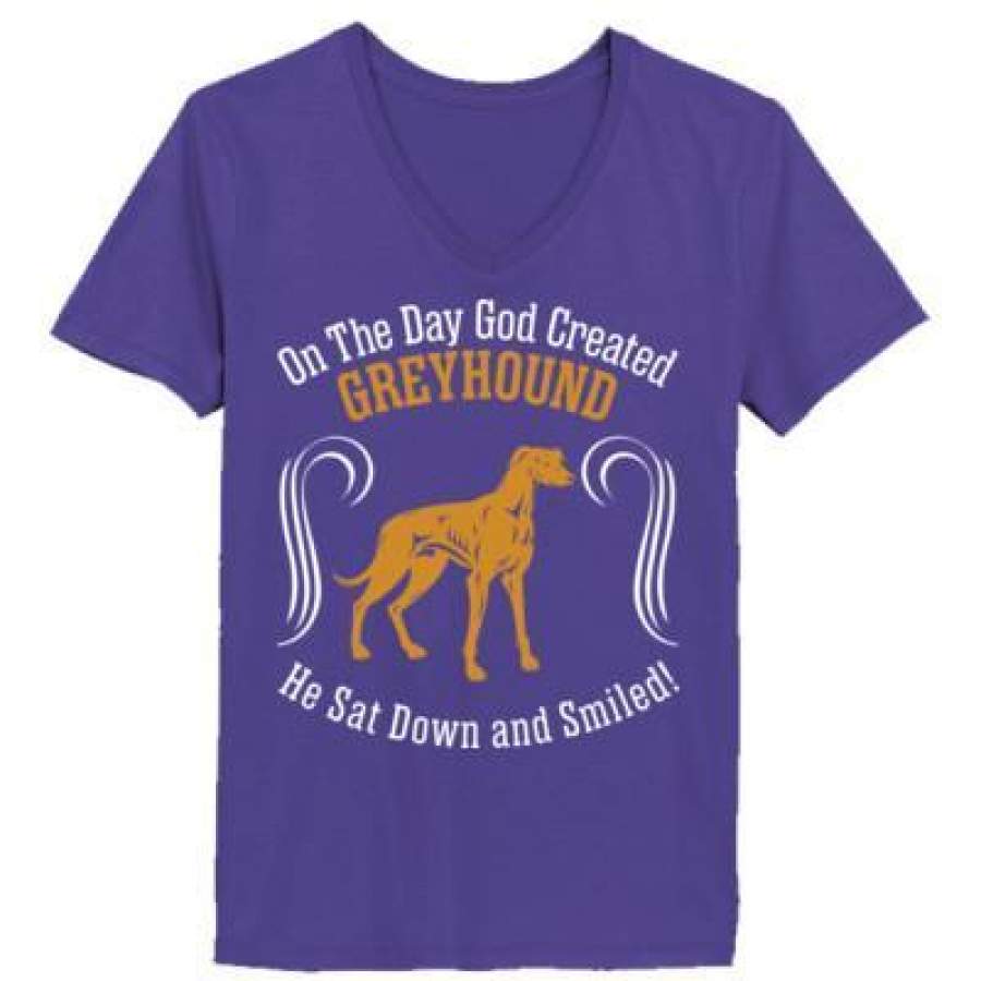 AGR On Day God Created Greyhound Dog Sat Down Smiled – Ladies’ V-Neck T-Shirt