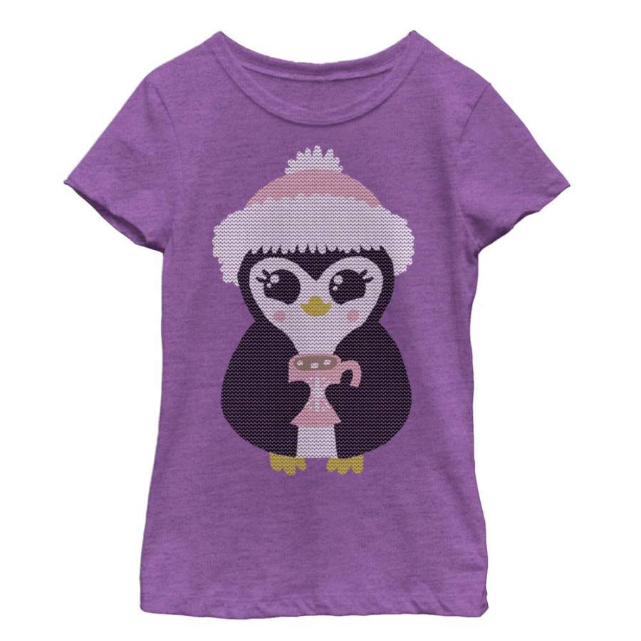 Lost Gods Girl’s Cozy Cocoa Penguin  T Shirt Purple Berry