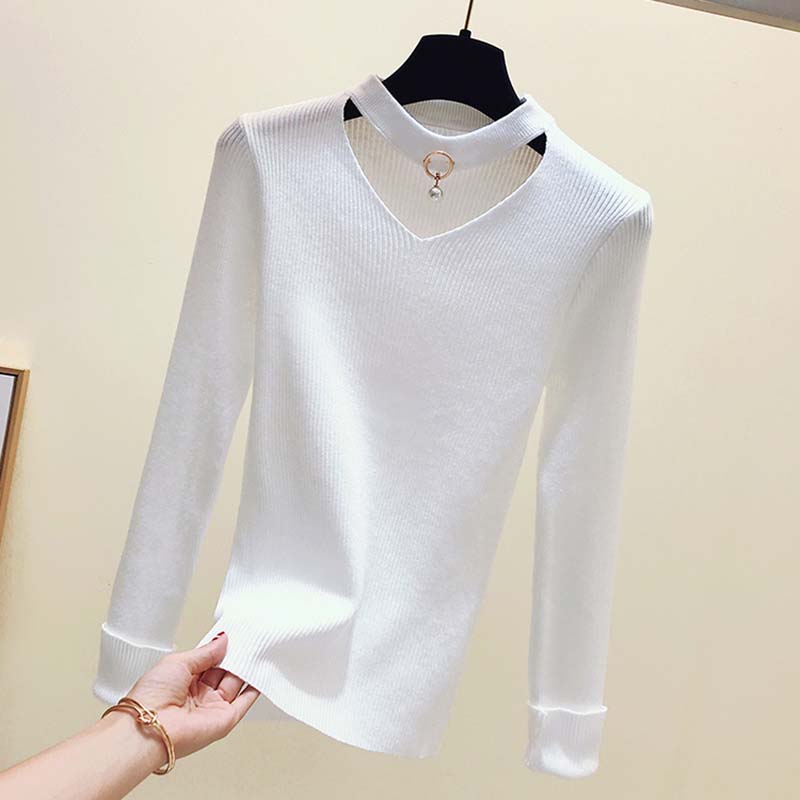 Basic Sweater Women Pullover Knitted Long Sleeve Sexy V-Neck Women Sweaters Top Autumn Winter Soft Elasticity Pull Femme Black alx