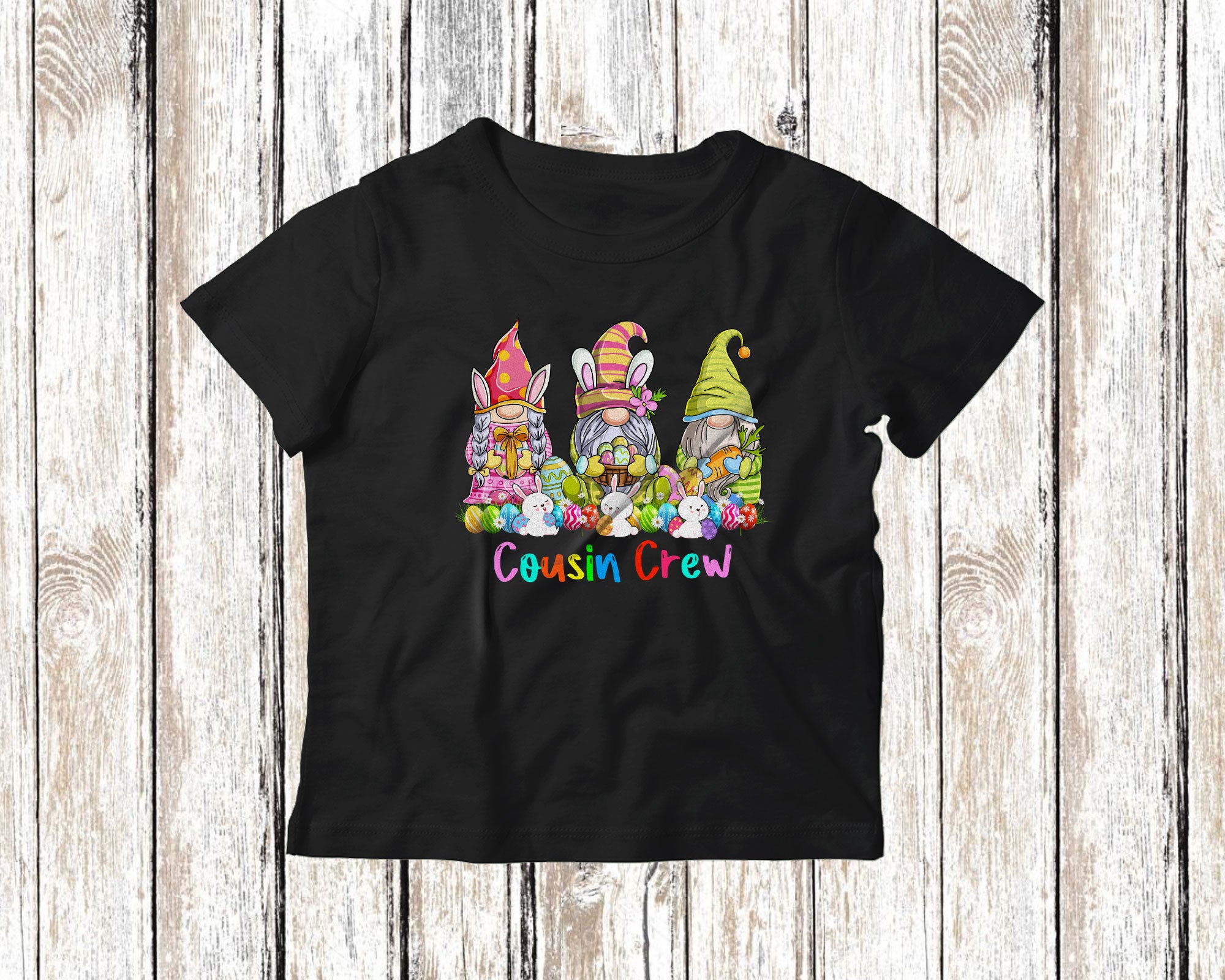 Cousin Crew Cute Happy Easter Day Kids Three Bunny Gnomes Eggs Hunt Matching Family Group T-Shirt