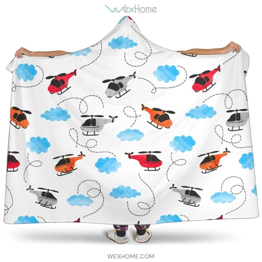 Watercolor Helicopter Cloud Pattern Hooded Blanket