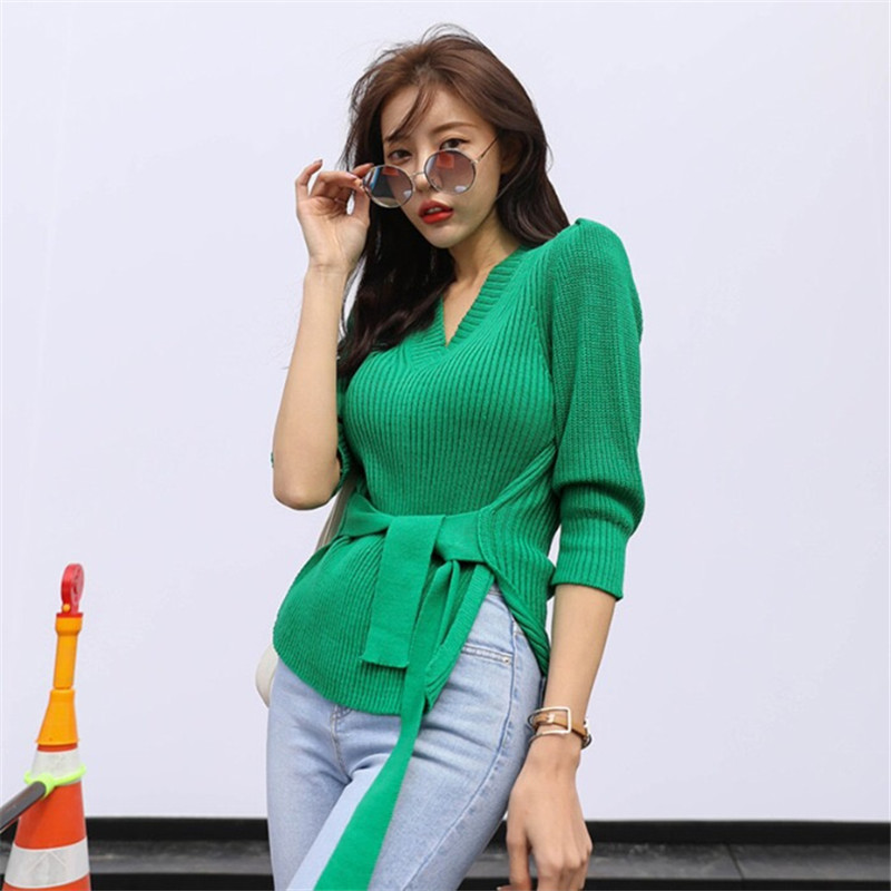 2021 Autumn Women’s Korean Slim Candy Color Sweater Elegant Tie Waist Bubble Sleeves V-neck Collar Fork Sweater Knitwear 16488 alx