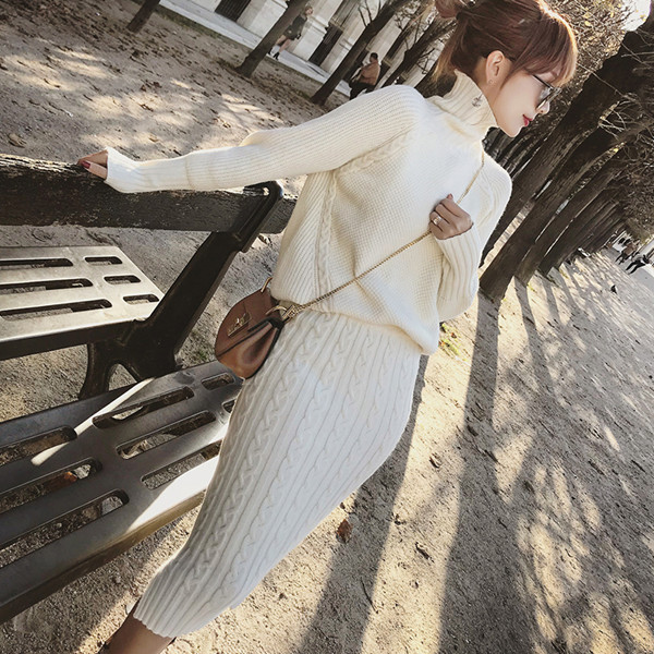 Twist Knitted 2 Piece Set Women Long Sleeve Turtleneck Pullover Sweater + Split Pencil Skirt Set Lady Runway Knitting Skirt Suit alx