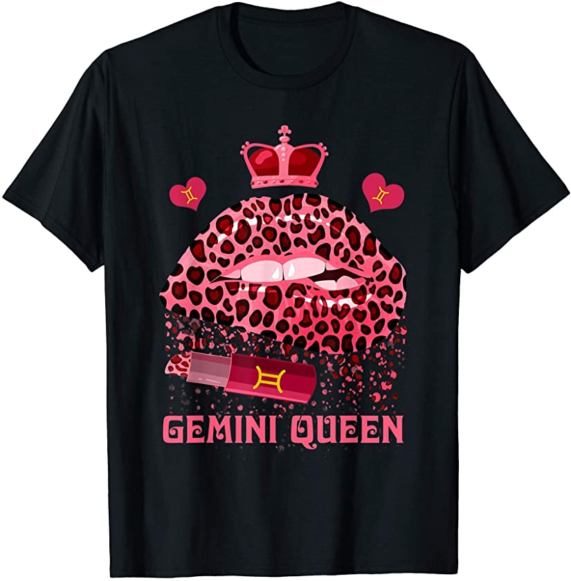 Gemini Queen Leopard Pink Lips Black Queens Zodiac Birthday T-Shirt