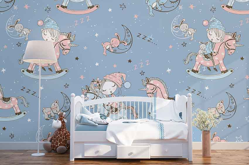 3D Color Cartoon Unicorn Rabbit Wall Mural Wallpaper 81