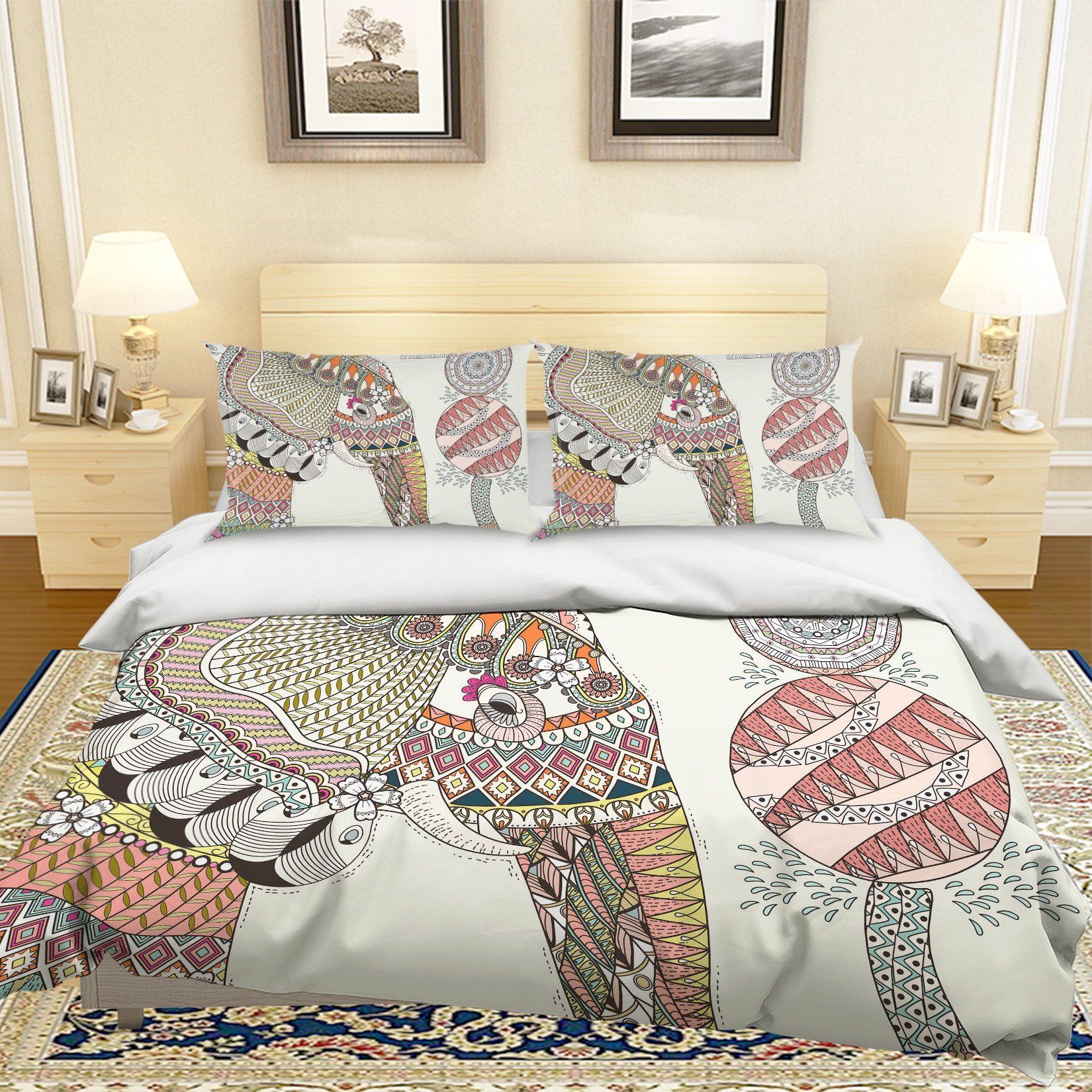 3D Cartoon Elephant Mandala Bedding Set Bedroom Decor