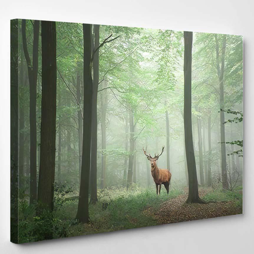 Red Deer Stag Lush Green Fairytale – Deer Animals Canvas Print