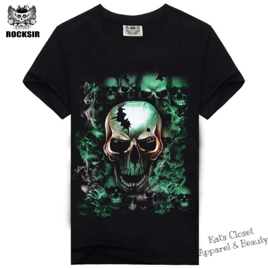 Green Ghost Skulls Print T-shirt