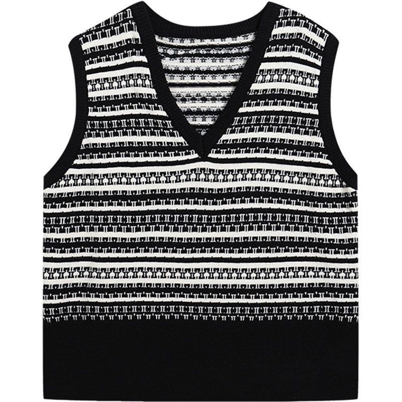 Vintage Sweater Vest Women Black V-neck Striped Sleeveless Knitted Tops Preppy Spring Loose Fashion Jumper Waistcoat Female Chic alx