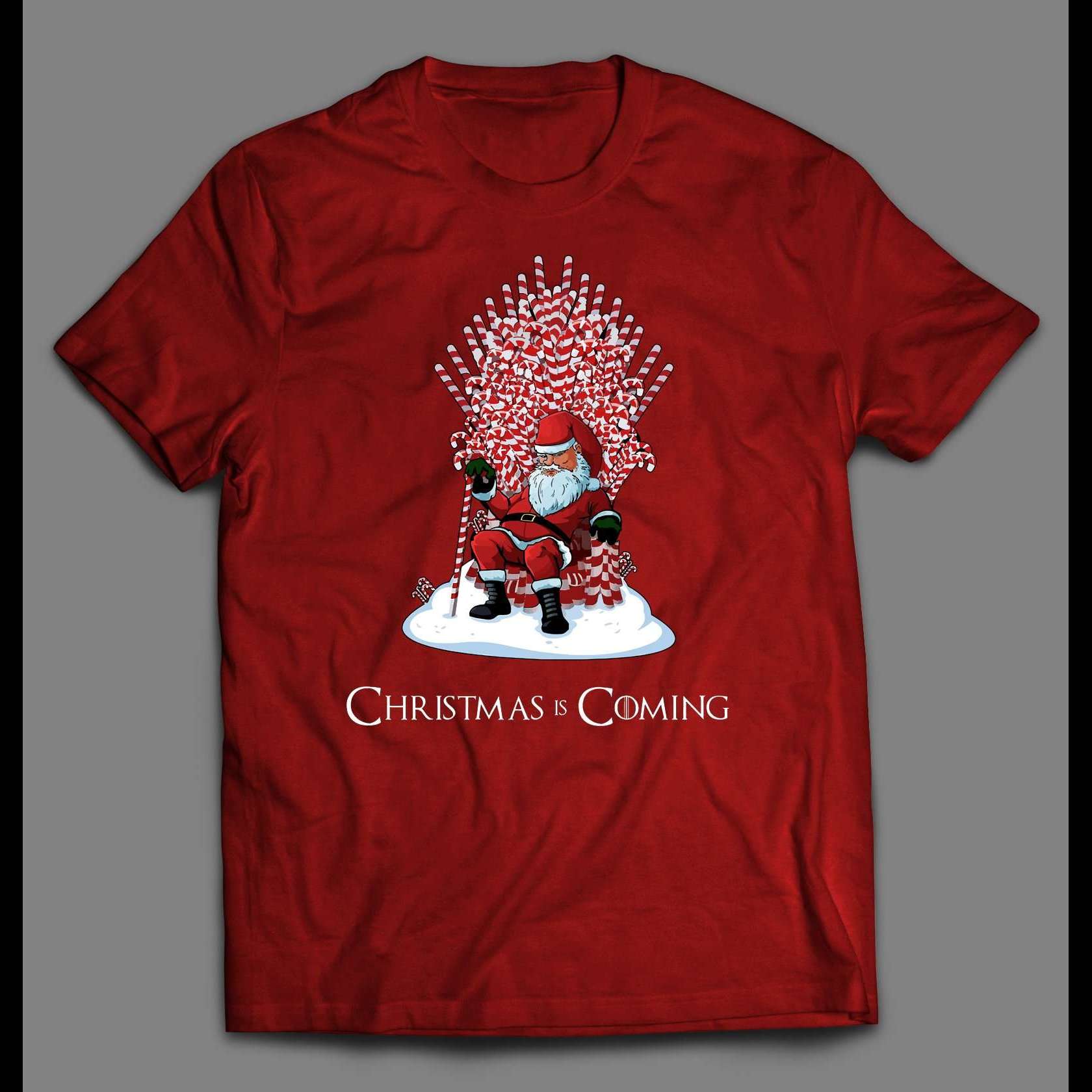 CHRISTMAS IS COMING SANTA CANDY CANE THRONE HOLIDAY SHIRT