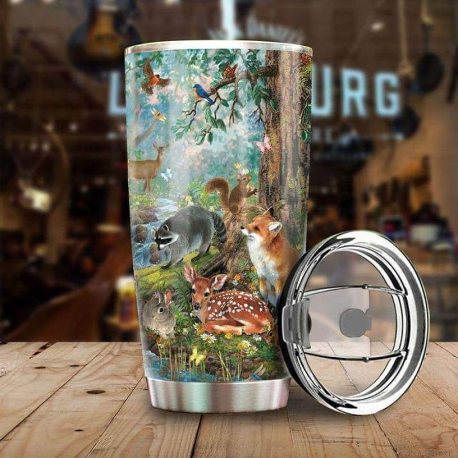 Animal Are Friends, Fox, Deer, Rabbit, Birds Forest Stainless Steel Tumbler 20oz