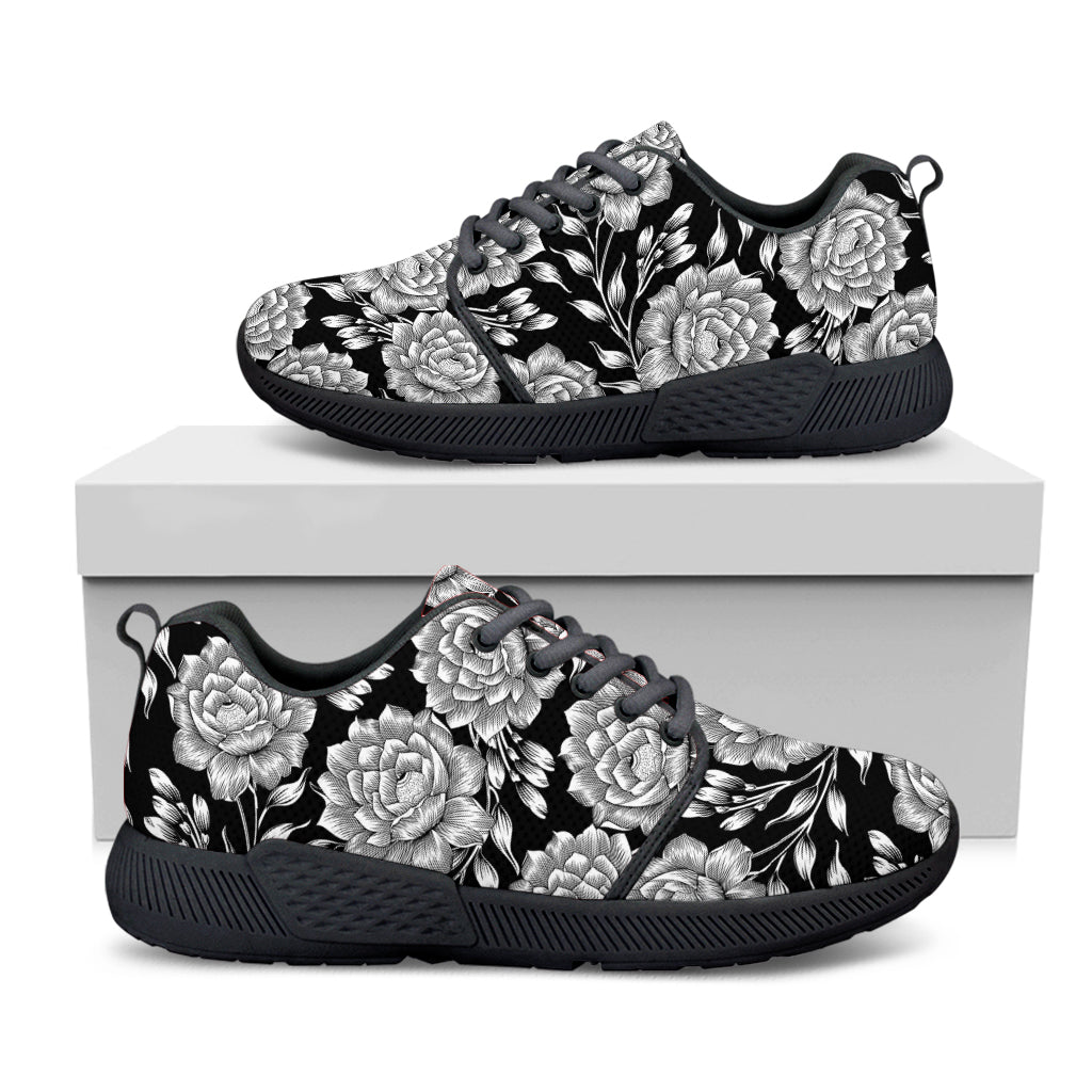 Vintage Black And White Floral Print Black Athletic Shoes