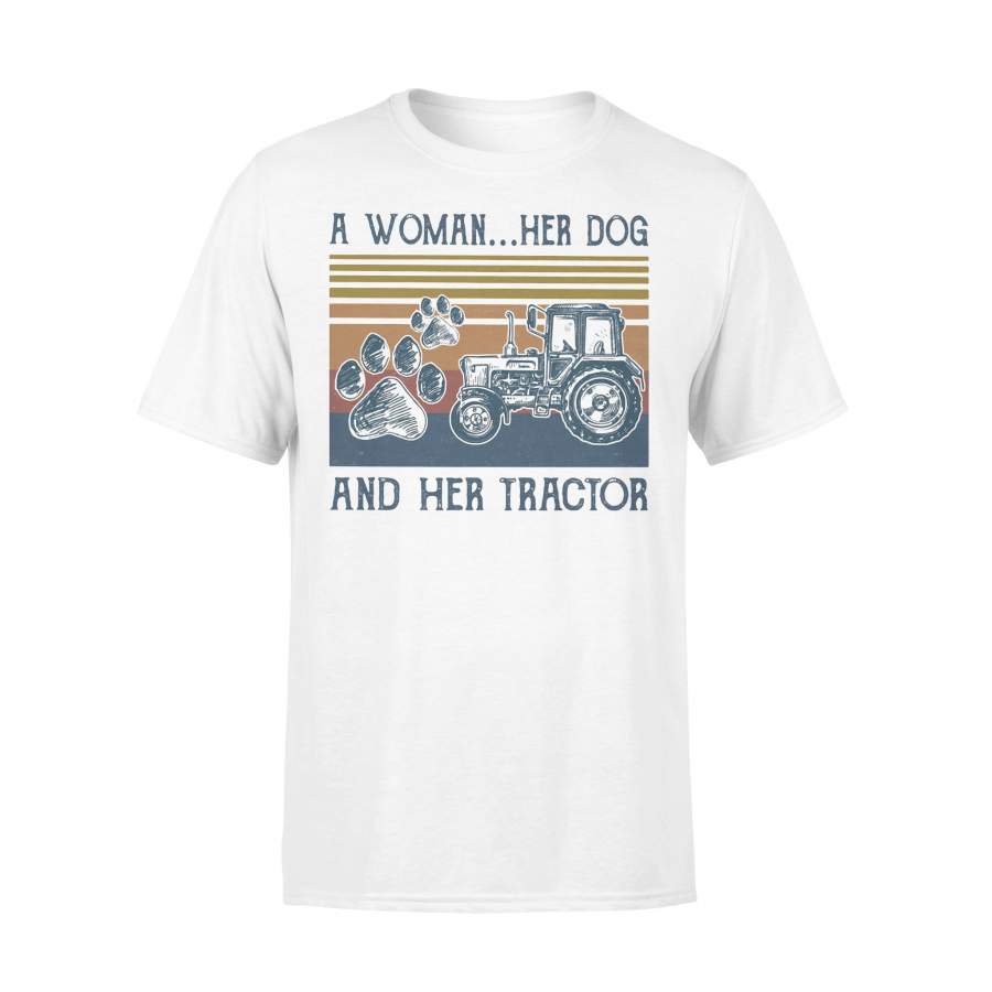 A Woman Her Paw Dog And Her Tractor Vintage Retro T-shirt