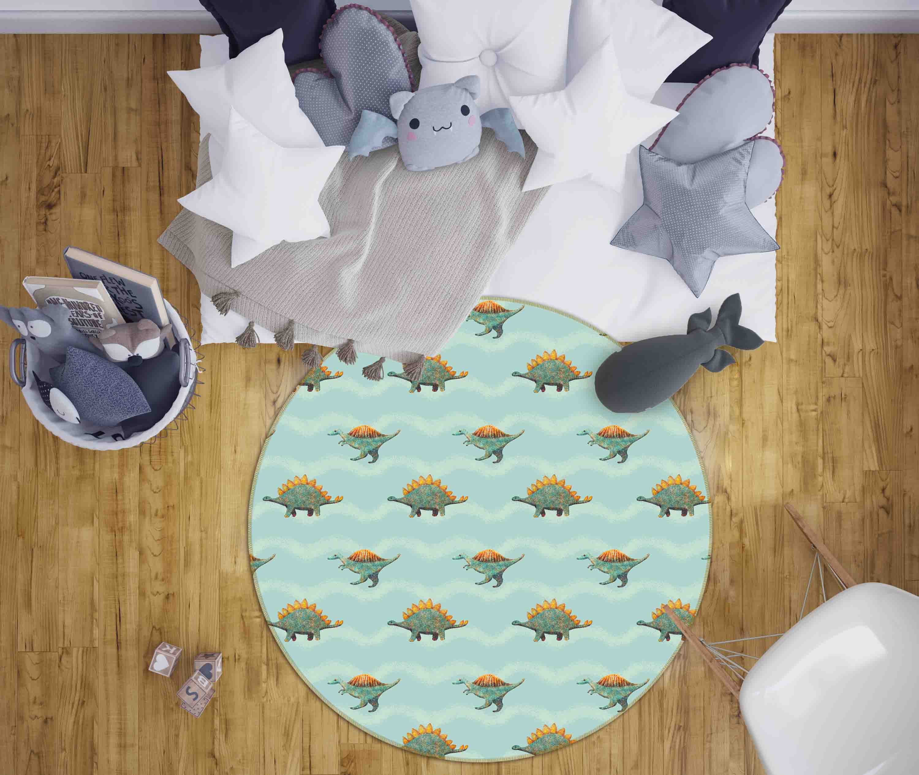 3D Cartoon Animal Dinosaur Green Kids Non-Slip Round Rug Mat 57