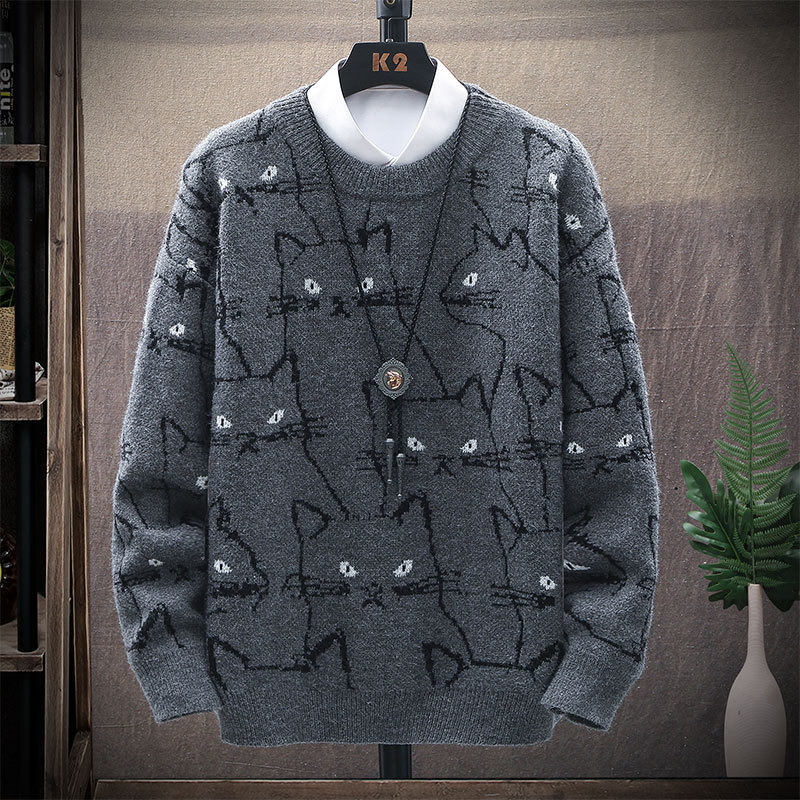 Winter Men’s Casual Sweaters Cute Cat Pattern Trendy Slim Sweaters Men O-Neck Harajuku Knitted Warm Pullovers 2022 Mens Clothing alx