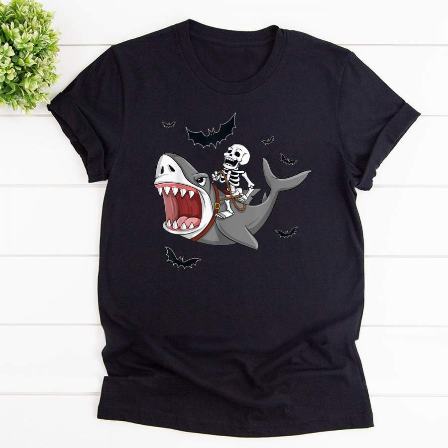 Skeleton Riding Shark Funny Halloween Gift Black Cotton T Shirt For Men and Women S-6XL