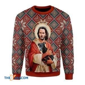 Christmas Patterns God Jesus Keanu Reeves With Dog Gift For Christmas Ugly Christmas Sweater