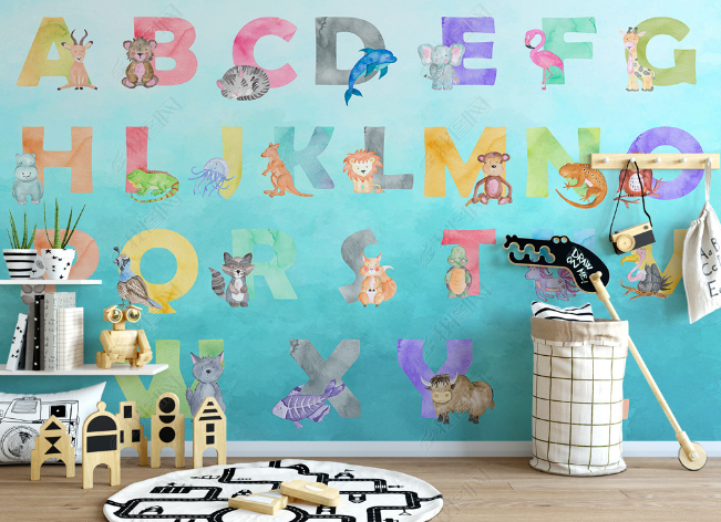 3D Cartoon Colored Alphabet Animal Wall Mural Wallpaper Lqh 204