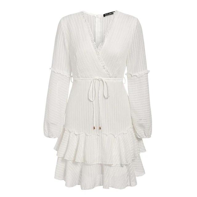 V-Neck Ruffled Lantern Chiffon Striped Chic Mini Wrap Dress