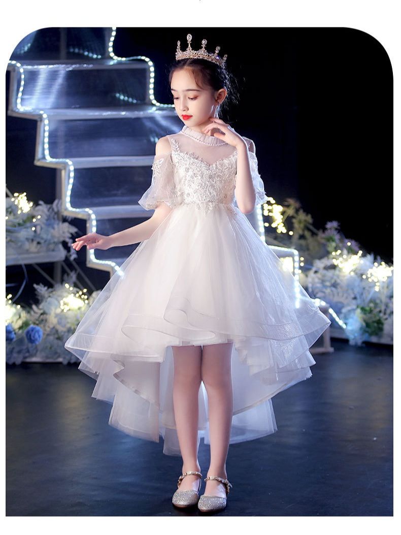 Summer Children Trailing Dresses For Girls Wedding Sheer Neck Lace Appliques Puffy Tulle Pageant Skirt Kids Formal Prom Dresses alx