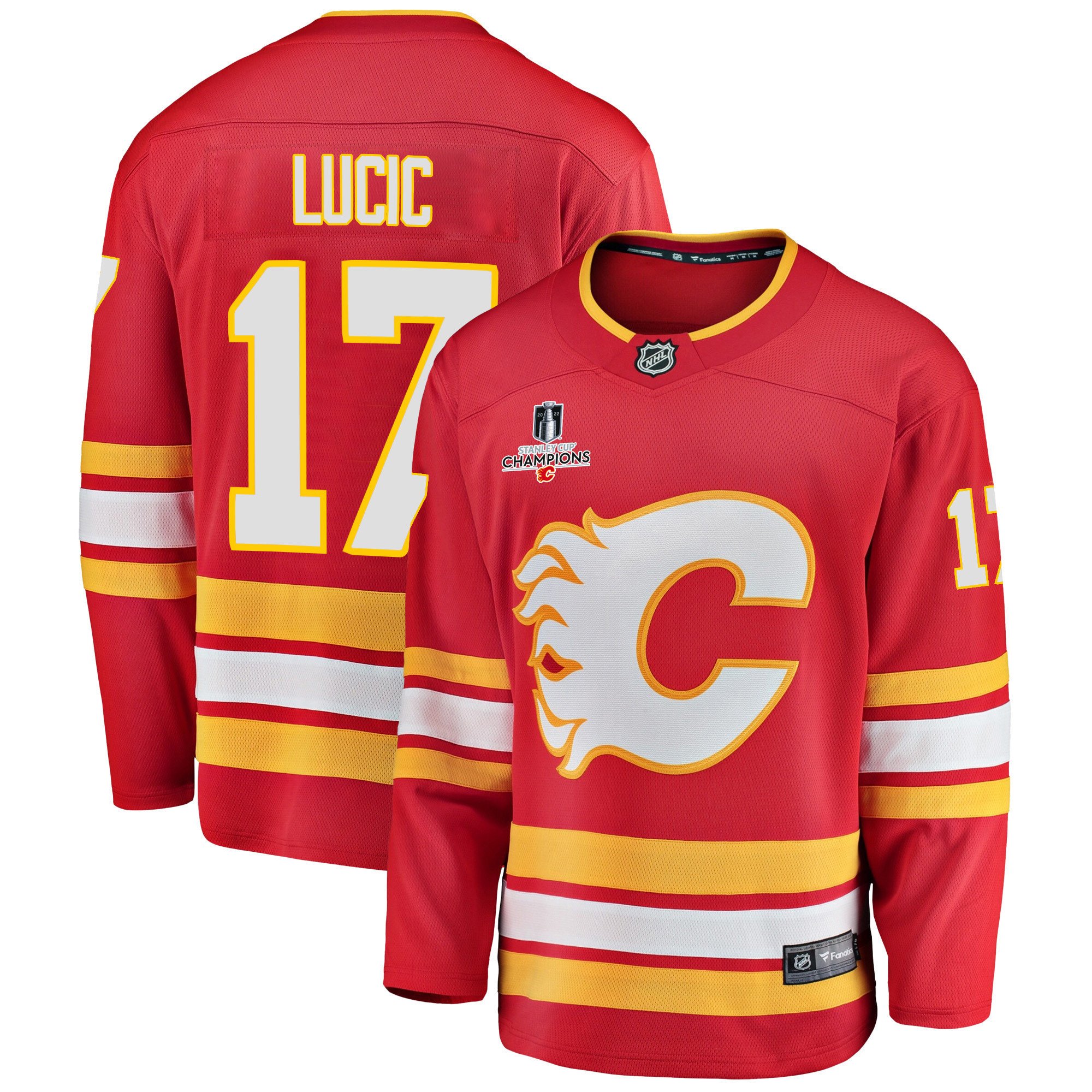 Calgary Flames Milan Lucic 17 Home 2022 Stanley Cup Champions Breakaway Men Jersey – Red