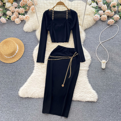 Black Beading Two Piece Sets Womens Outifits Spicy Girls Women Set Summer Full Halter Shirt Elastic Waist Skirts Dropshipping alx