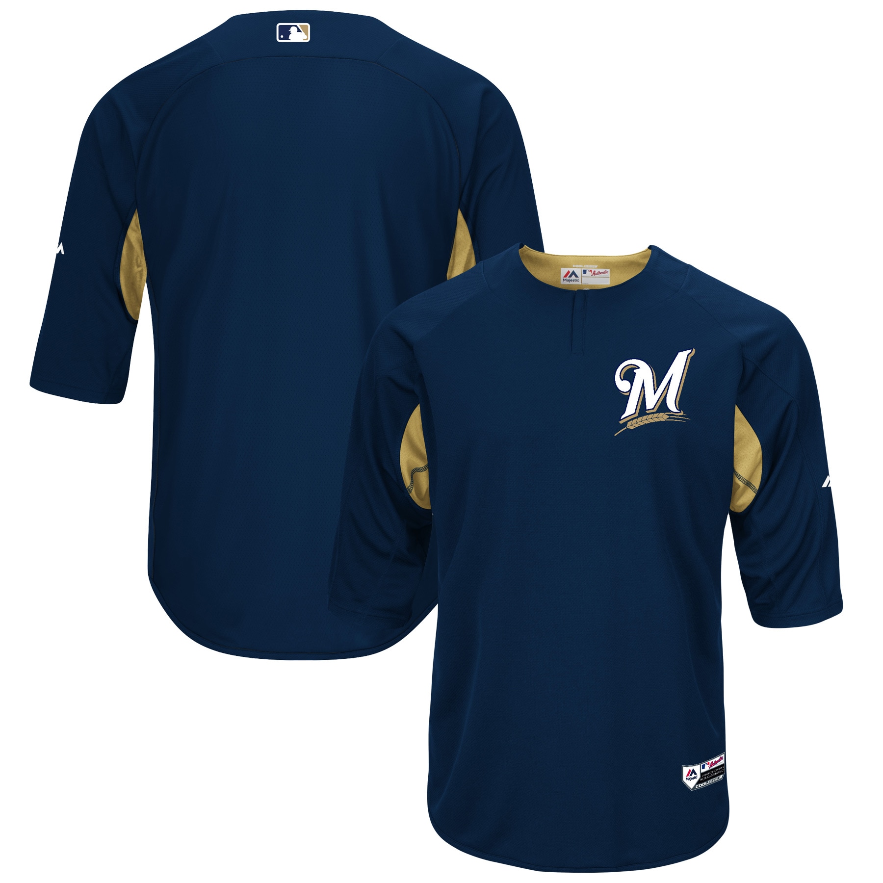 Milwaukee Brewers Majestic Authentic Collection On-Field 3/4-Sleeve Batting Practice Jersey – Navy/Gold