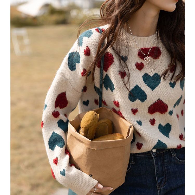 Autumn Winter New Sweaters Japanese Casual Loose Sweet Cute Jumpers Preppy Style Heart Jacquard All Match Knitted Pullovers alx