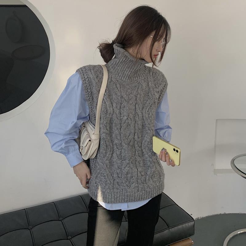 Sweater Knitted Vest For Women 2022 Spring Autumn Korean Pullover Waistcoat Vest Oversized Vintage Sleeveless Kawaii Turtleneck alx