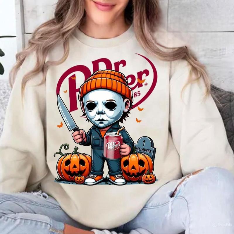 Horror Cute Characters Dr. Pepper Pumpkin Crewneck Sweatshirt, Pepper Drink Lovers Tee