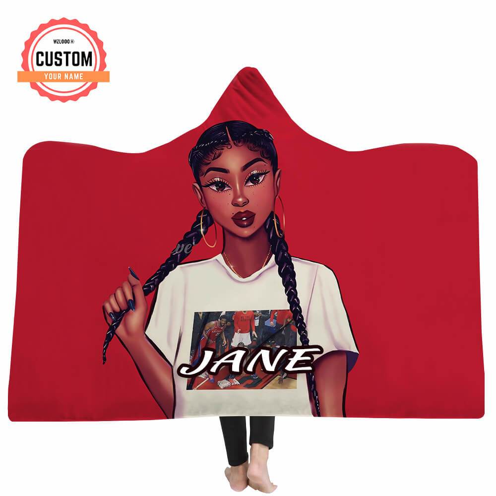 Red Double Braid Athletic Black Girl Custom Name Hooded Blankets