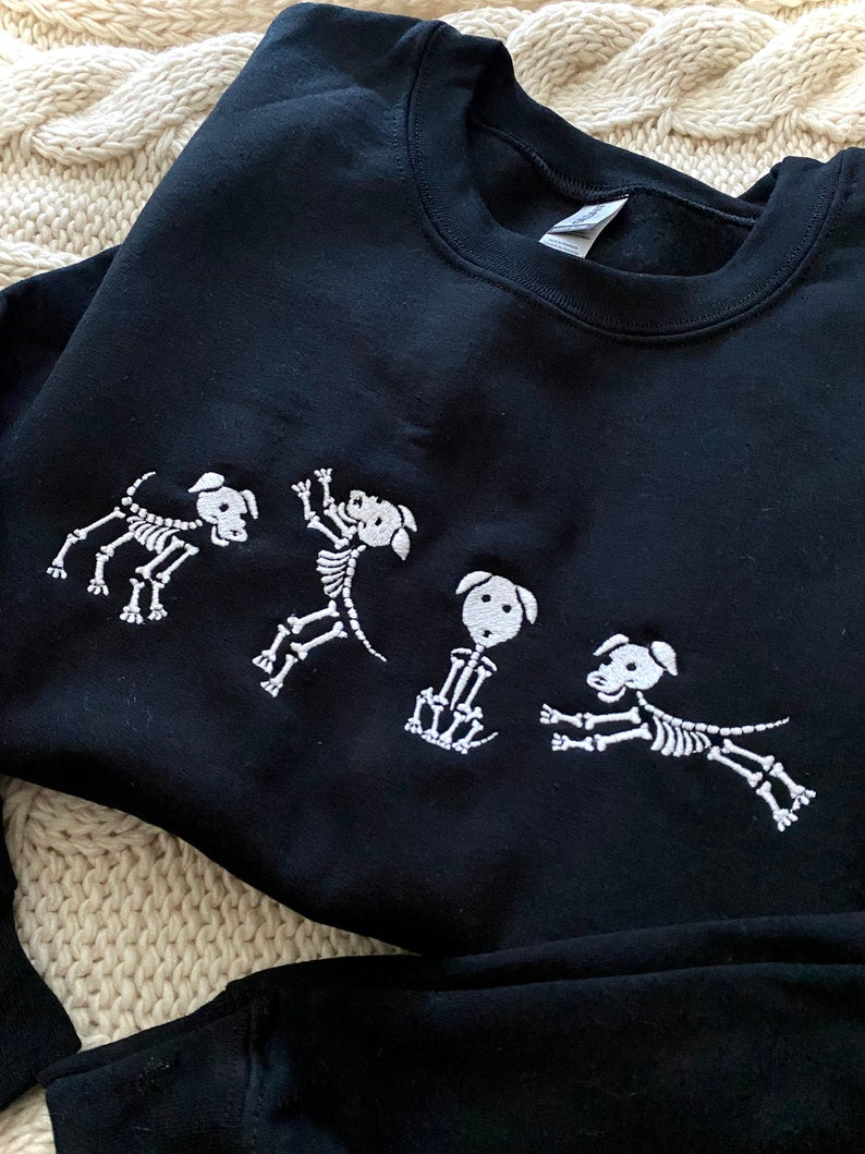 Skeleton Dog Halloween Embroidered Sweatshirt 2D Crewneck Sweatshirt All Over Print Sweatshirt For Women Sweatshirt For Men Sws3736