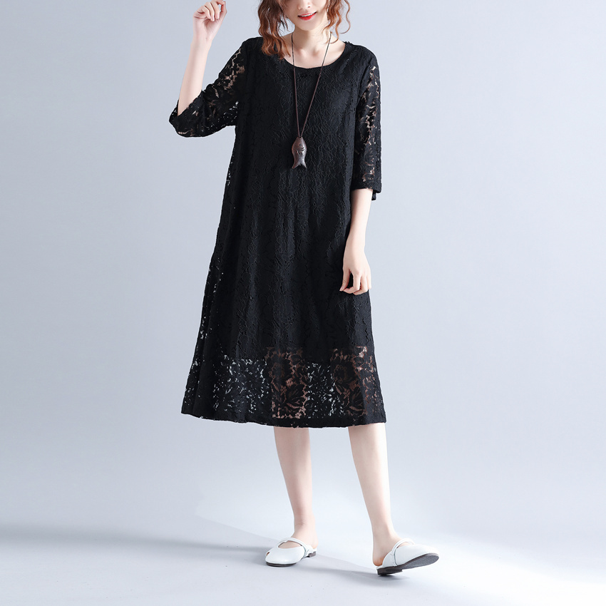 #3363 Summer Lace Dress Women O-neck Vintage A-line Dress Ladies Loose Midi Dress Double Layer Vestidos Black White Pink Red alx