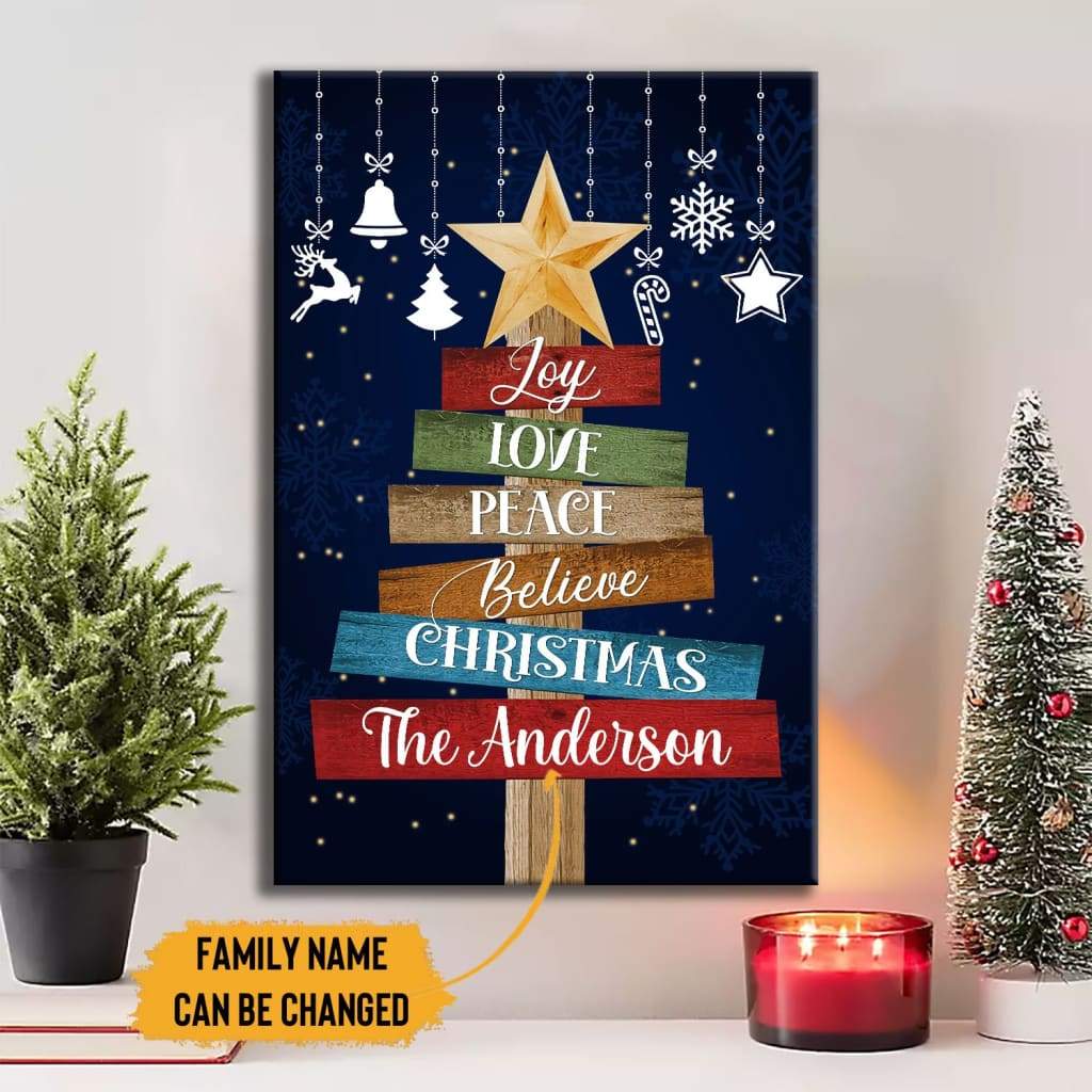Joy Love Peace Believe Christmas Custom Family Name Wall Art Canvas Print