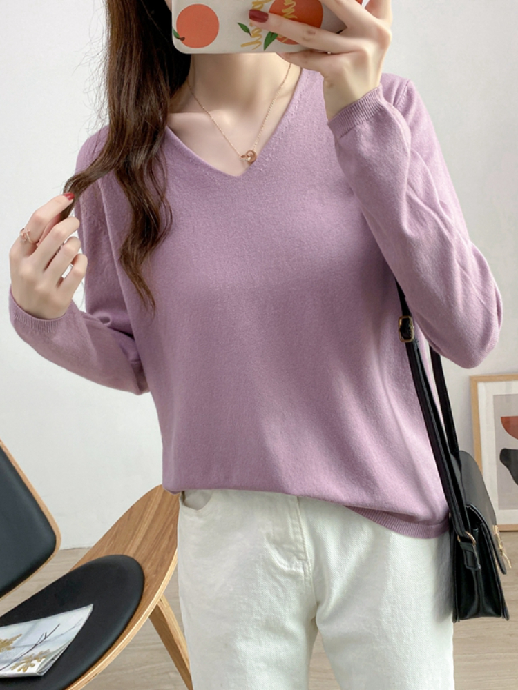 Sweater Pullovers Womens Knitwear Trendy Autumn V-neck Loose Elegant Ulzzang Simple New Leisure Chic Solid Daily Soft Fit Female alx