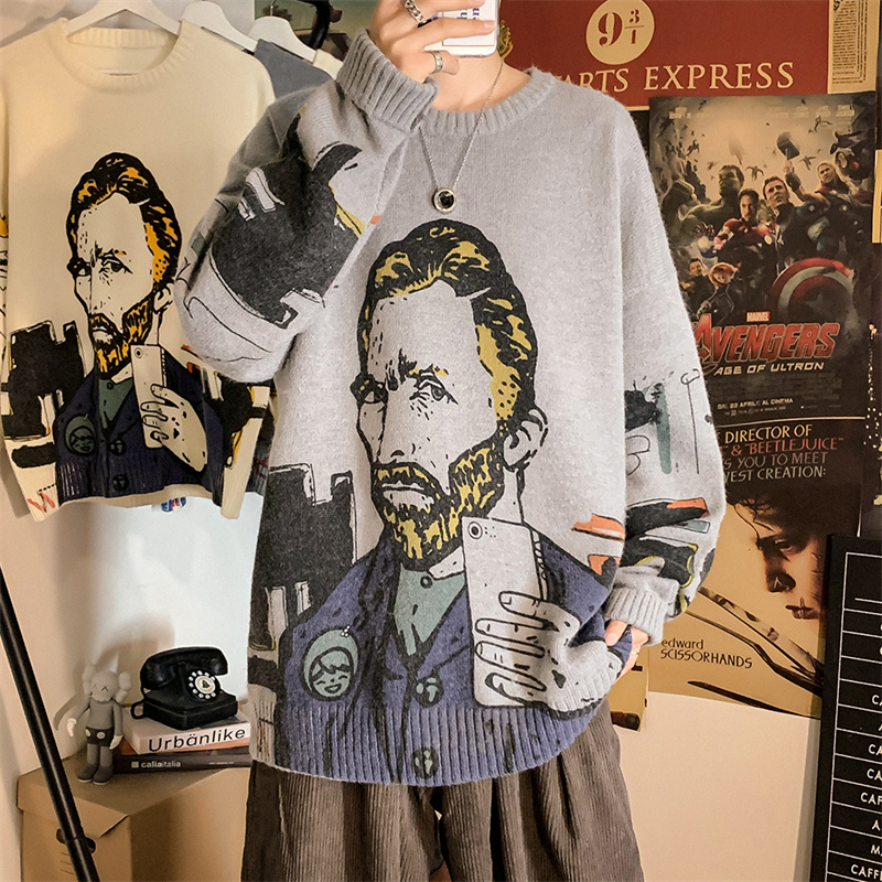 Van Gogh Printed Pullovers Sweater Men’s Autumn And Winter Korea Style Trend Vintage Sweater Loose Casual O-Neck Men’s sweater alx