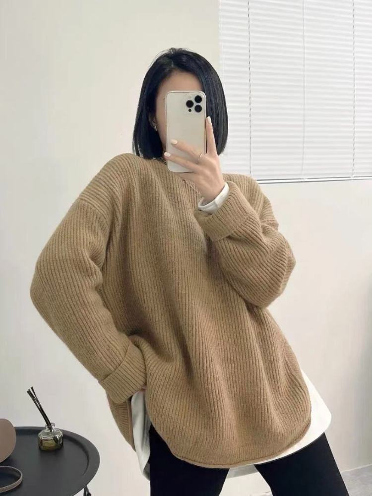 Vintage Sweater Side Fork Thick Loose Middle and Long Oversize Sweater Woman O-Neck Autumn and Winter Fashion Knitted Pullover alx